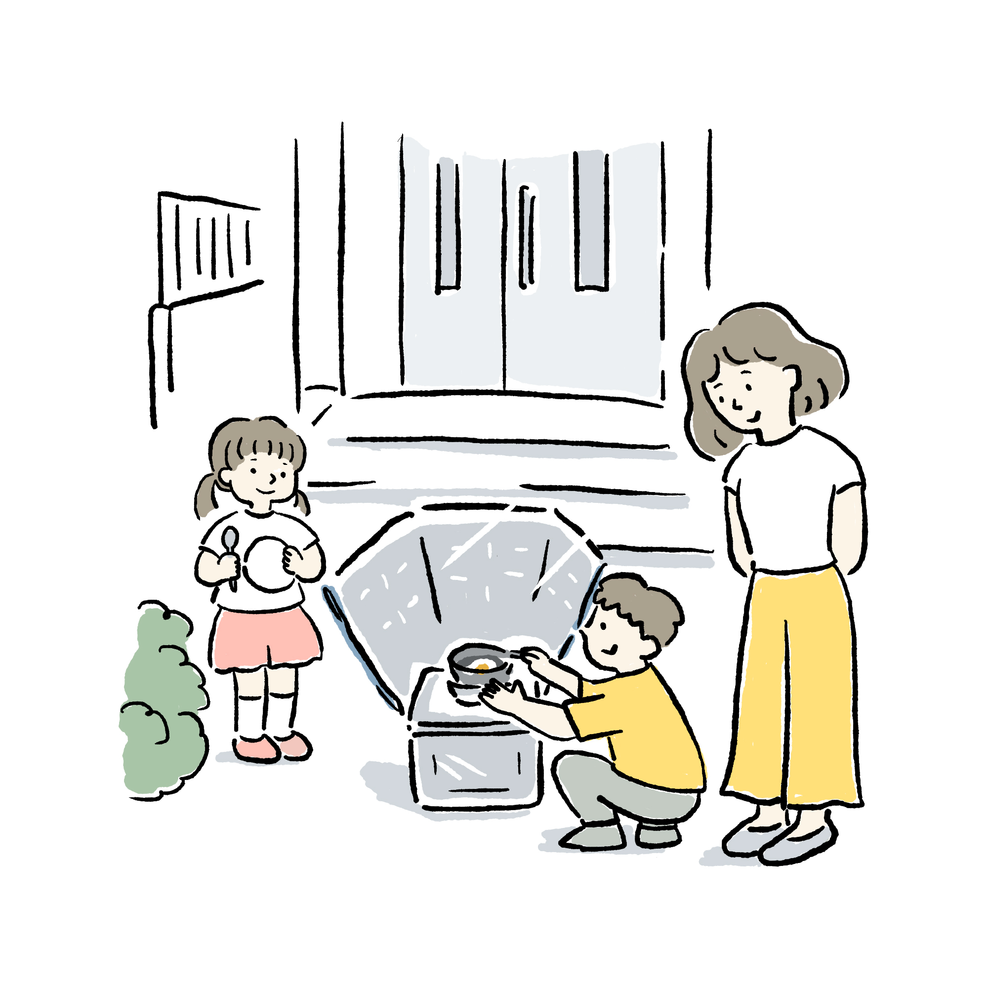 親子でソーラークッカーを使っているイラスト