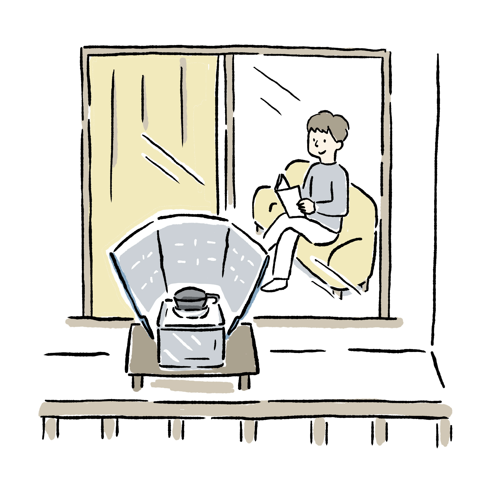 ベランダにソーラークッカーを置いてくつろぐイラスト
